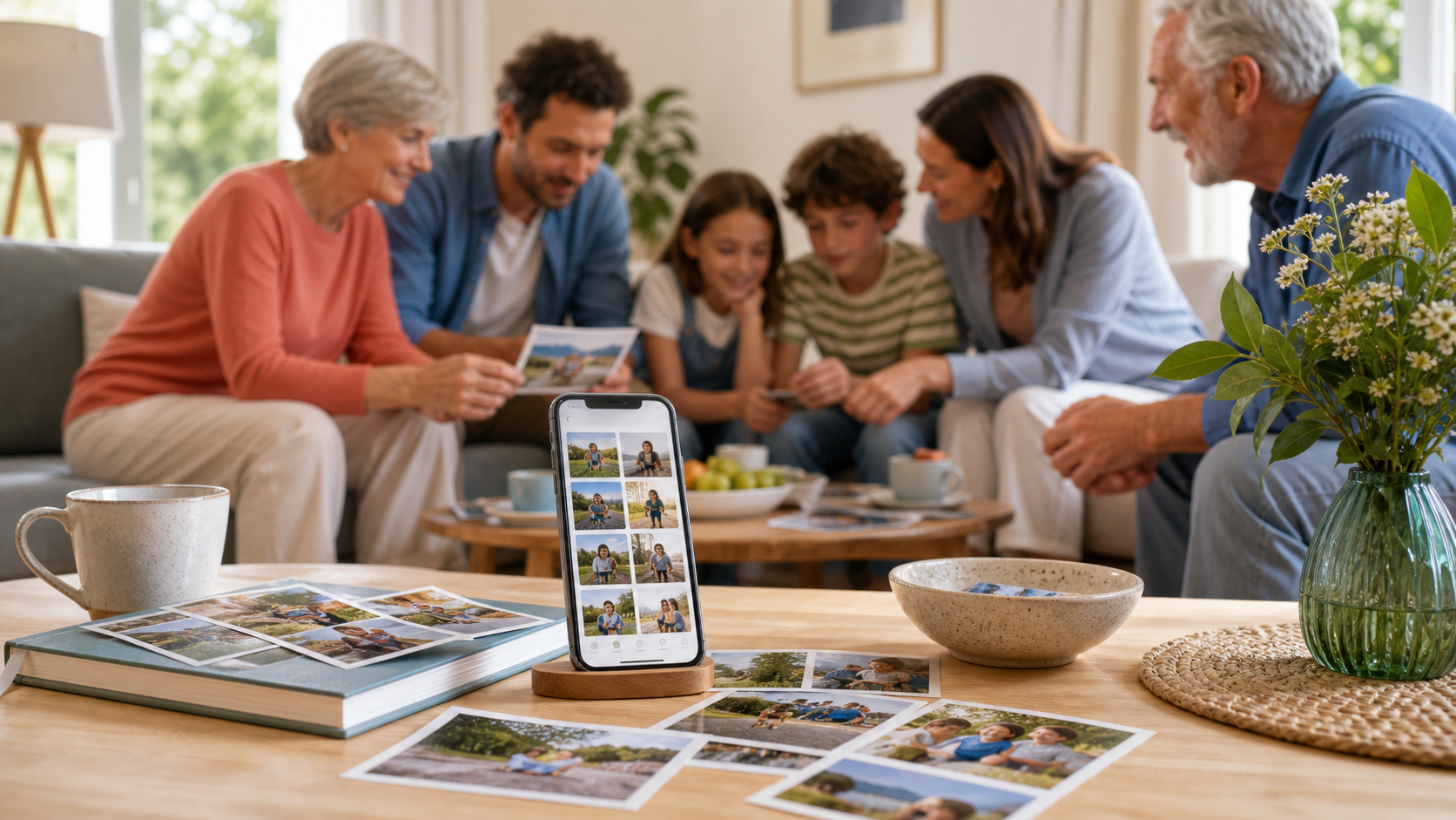 Famille qui regarde des souvenirs ensemble dans un salon