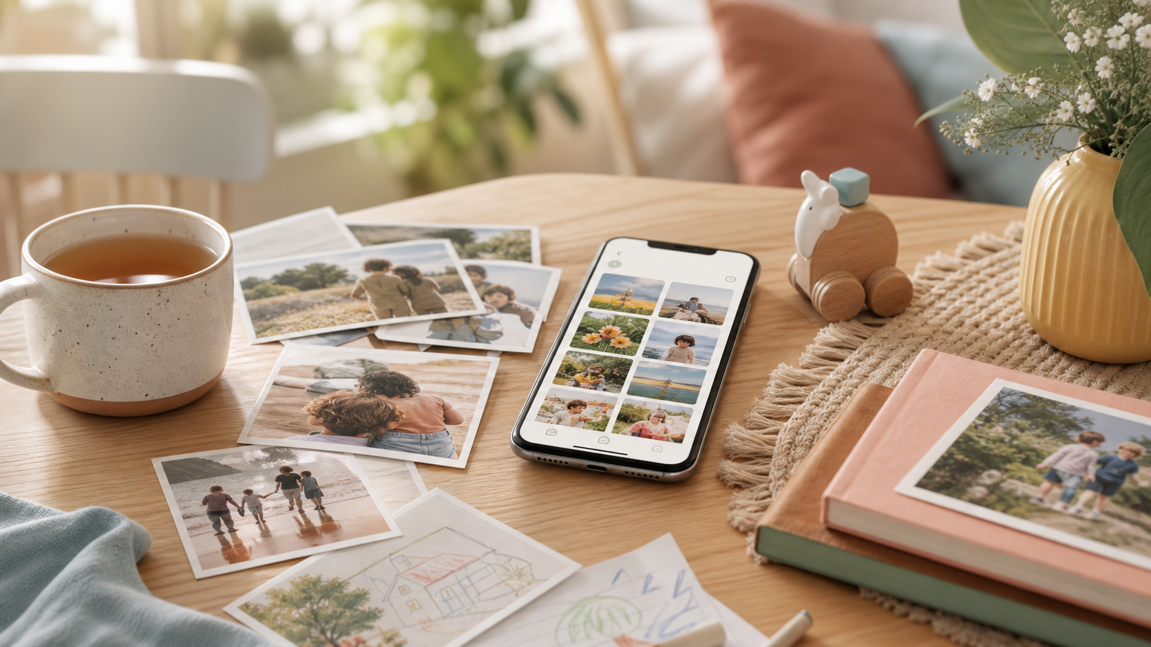 Photos de famille et téléphone affichant des souvenirs
